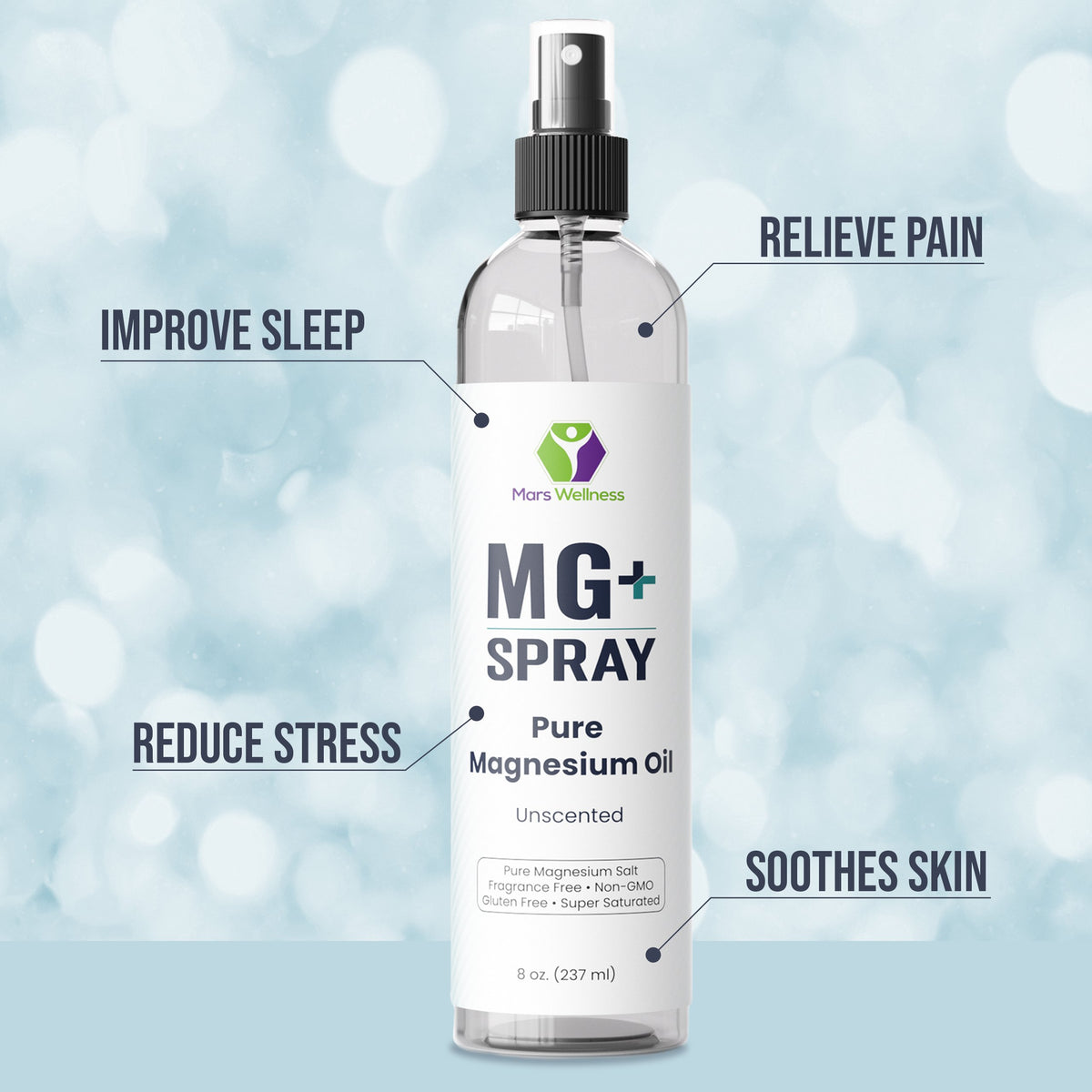 Mars Wellness MG+ Pure Magnesium Oil Spray - 8 Ounce High Quality Topical Magnesium Spray for Relaxing and Rejuvenating Muscles, Made in USA - Magnesium Spay