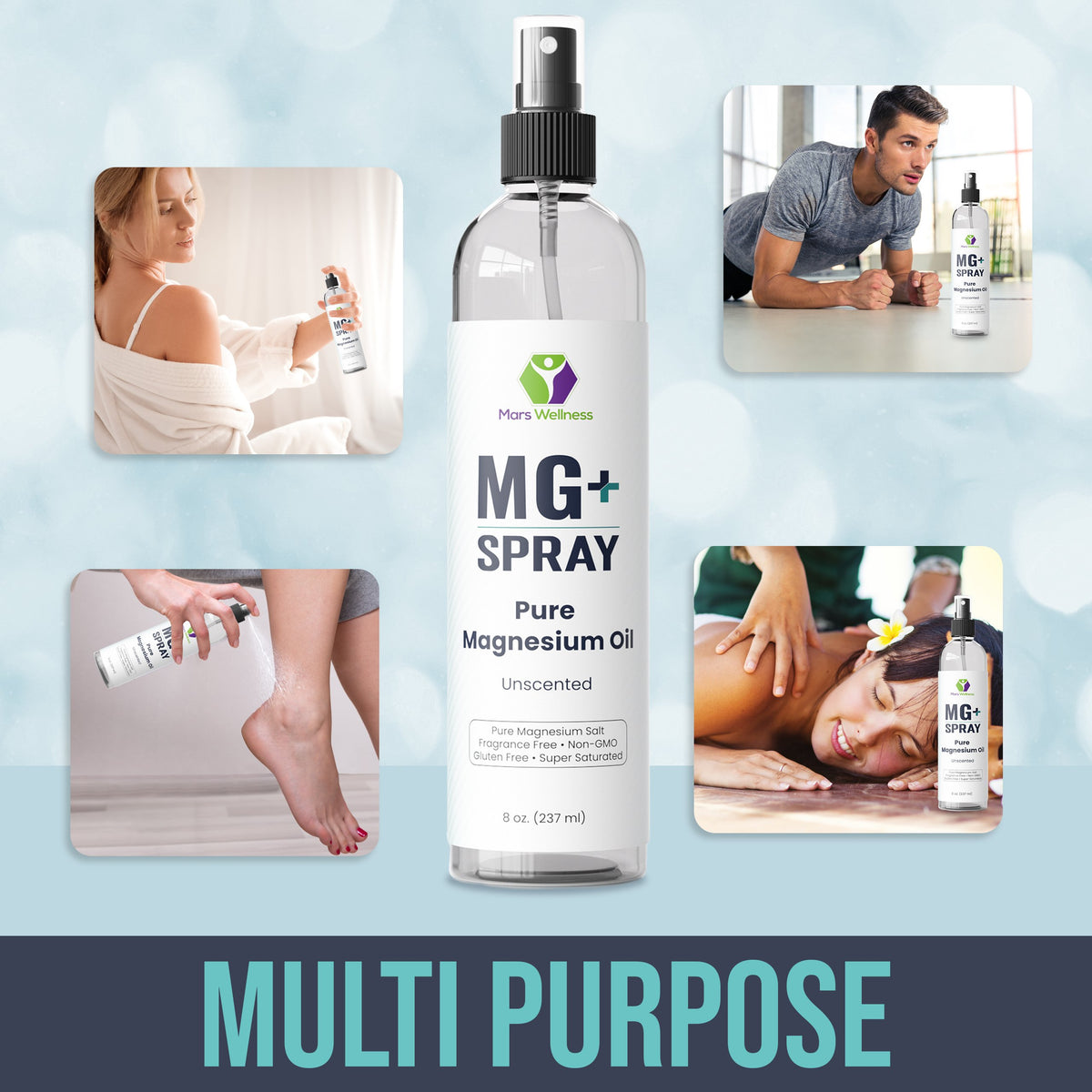 Mars Wellness MG+ Pure Magnesium Oil Spray - 8 Ounce High Quality Topical Magnesium Spray for Relaxing and Rejuvenating Muscles, Made in USA - Magnesium Spay