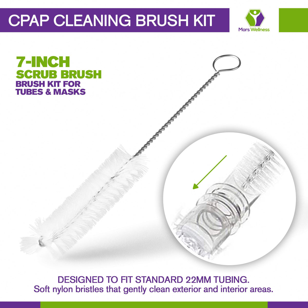 Mars Wellness CPAP Cleaning Brush Kit for Tubes & Masks - 2 Flexible CPAP Cleaner Brushes 7 Inches & 7 Feet - Made to Fit Standard 22mm Diameter Tubing - Mars Med Supply