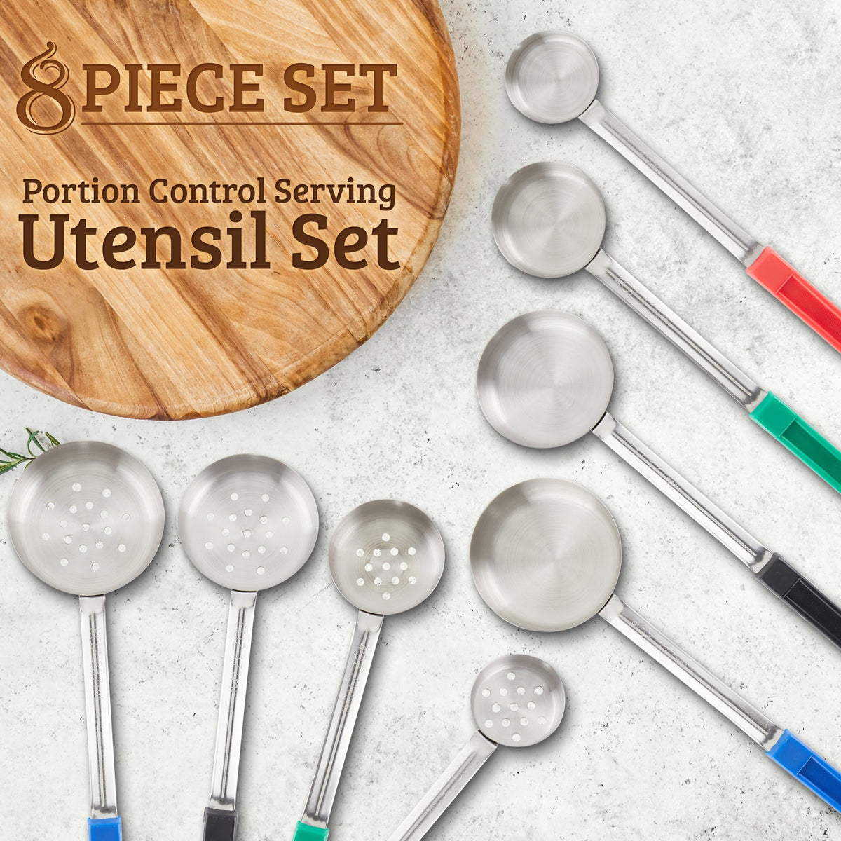 Portion Control Serving Utensil Set - Bariatric Surgery Must Haves - 8 Pack restaurant Serving Utensils - Gastric Sleeve, Weight Loss, Home Cooking, Bariatric Measuring - 4 Solid and Perforated