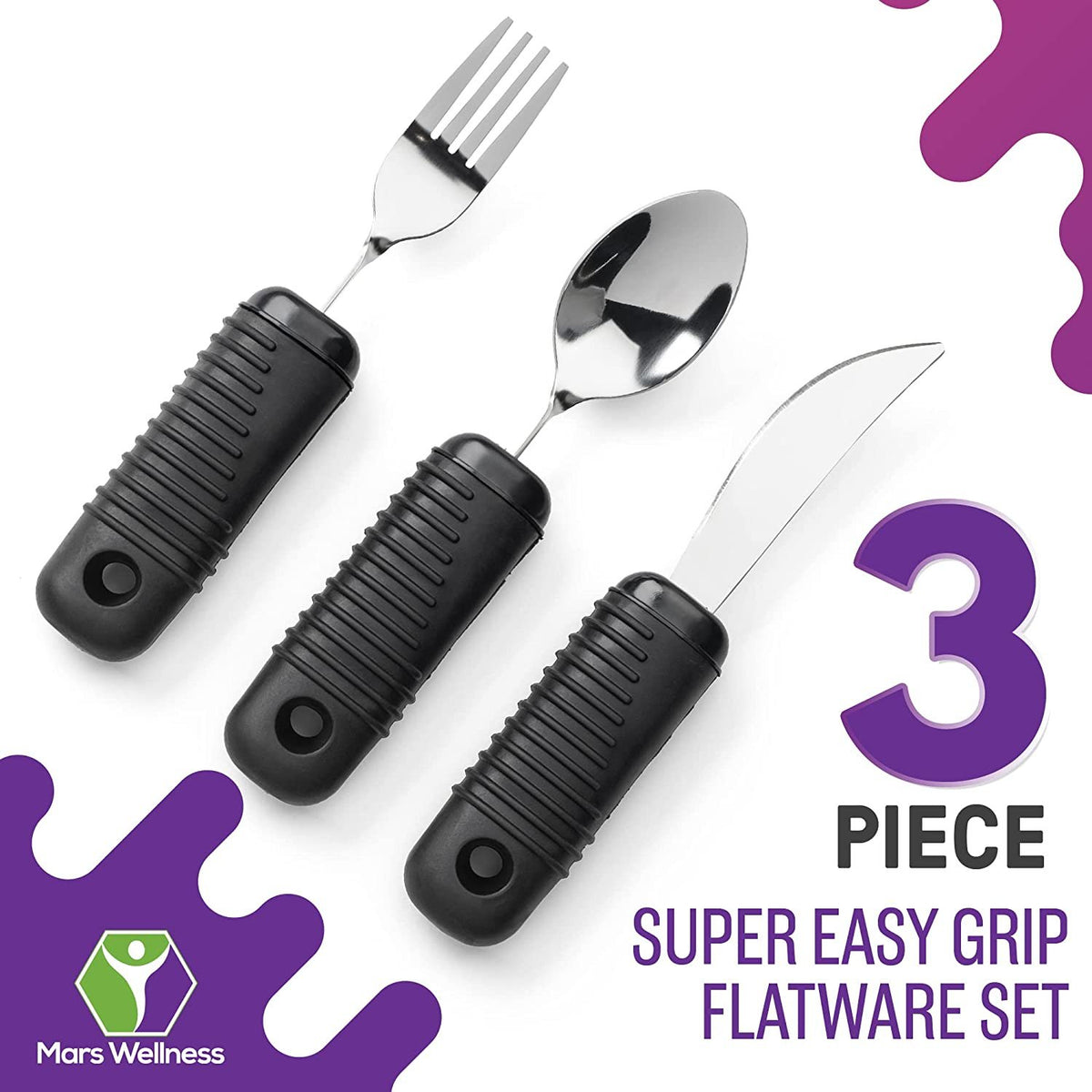 Mars Wellness Weighted Utensils Set - 3-Piece Heavy Duty, Stainless Steel Fork, Knife, and Spoon Adaptive Utensils Enhanced Stability While Eating for Elderly, Hand Tremors and Parkinson's Patients