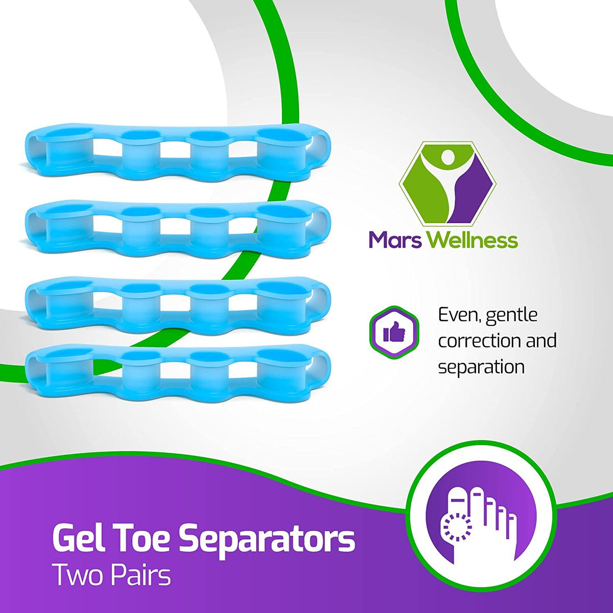 Mars Wellness Gel Toe Separators - Universal Toe Spreaders Straighteners to Relieve Foot Pain, Fix Overlapping Toes & Correct Bunions - Toe Spacers are Comfortable to Wear with Shoes - 2 Pairs
