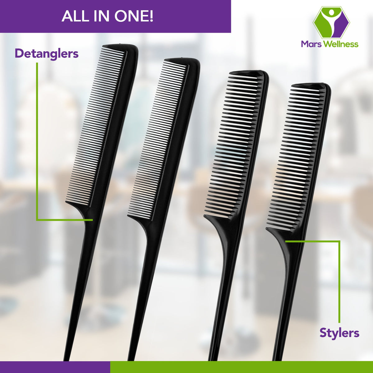 Mars Wellness 8.5” Rattail Comb Set (Pack Of 4) – Pack of Combs w/ 2 Wide & 2 Fine Tooth Combs for Women & Men – Detangling, Styling & Parting Comb Set - Hair Comb for Salon, Barbershops, Home- USA Made