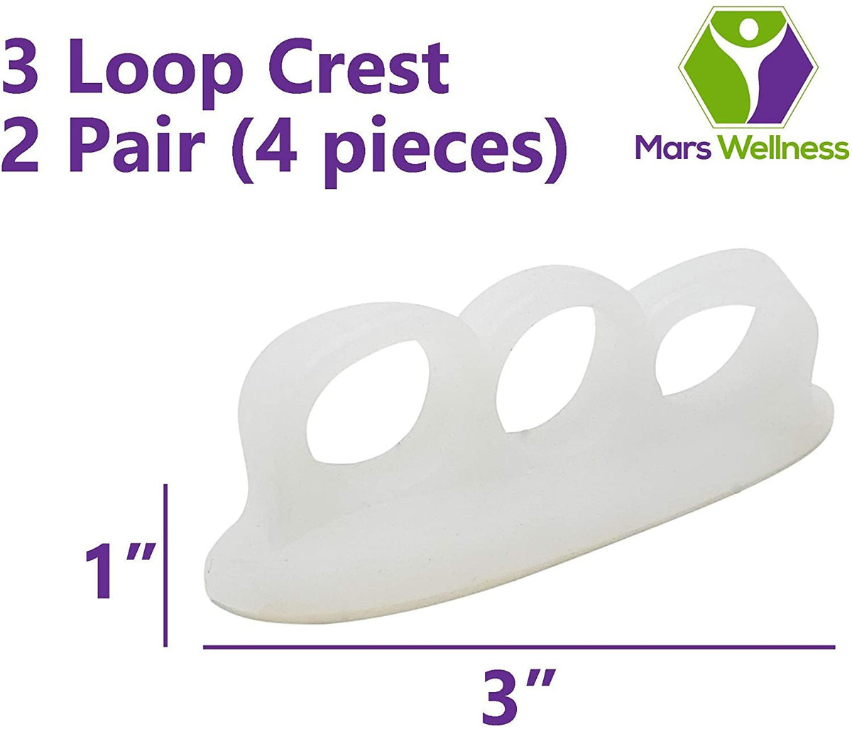Mars Wellness Gel Toe Separators 2 Pair - 3 Loop Crest Toe Straightener - Gel Spacer for Hammertoe, Overlapping, Mallet Toe, Claw Toe - Mars Med Supply
