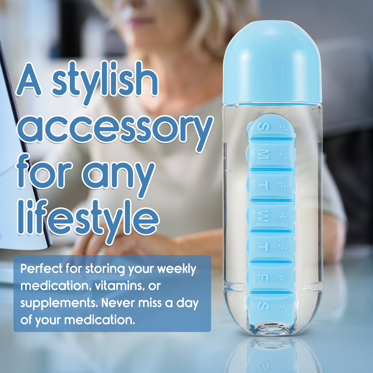 20 oz Water Bottle with Built-In Pill Box, Daily Pill Organizer - 7 Day Pill Holder, Easy-to-Clean Travel Pill Container, Slide-Out Design, Efficient Pill Organizer for Everyday Use