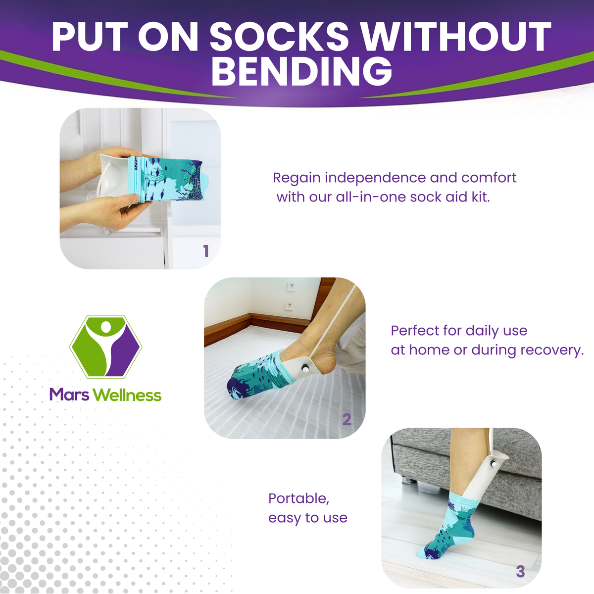 Molded Sock Aid Donner Kit - Sock Remover and Donner Kit - Foam Grip Handles - 31" Adjustable Cords