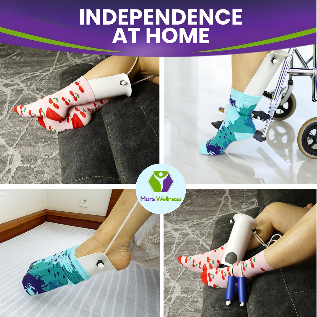 Molded Sock Aid Donner Kit - Sock Remover and Donner Kit - Foam Grip Handles - 31" Adjustable Cords