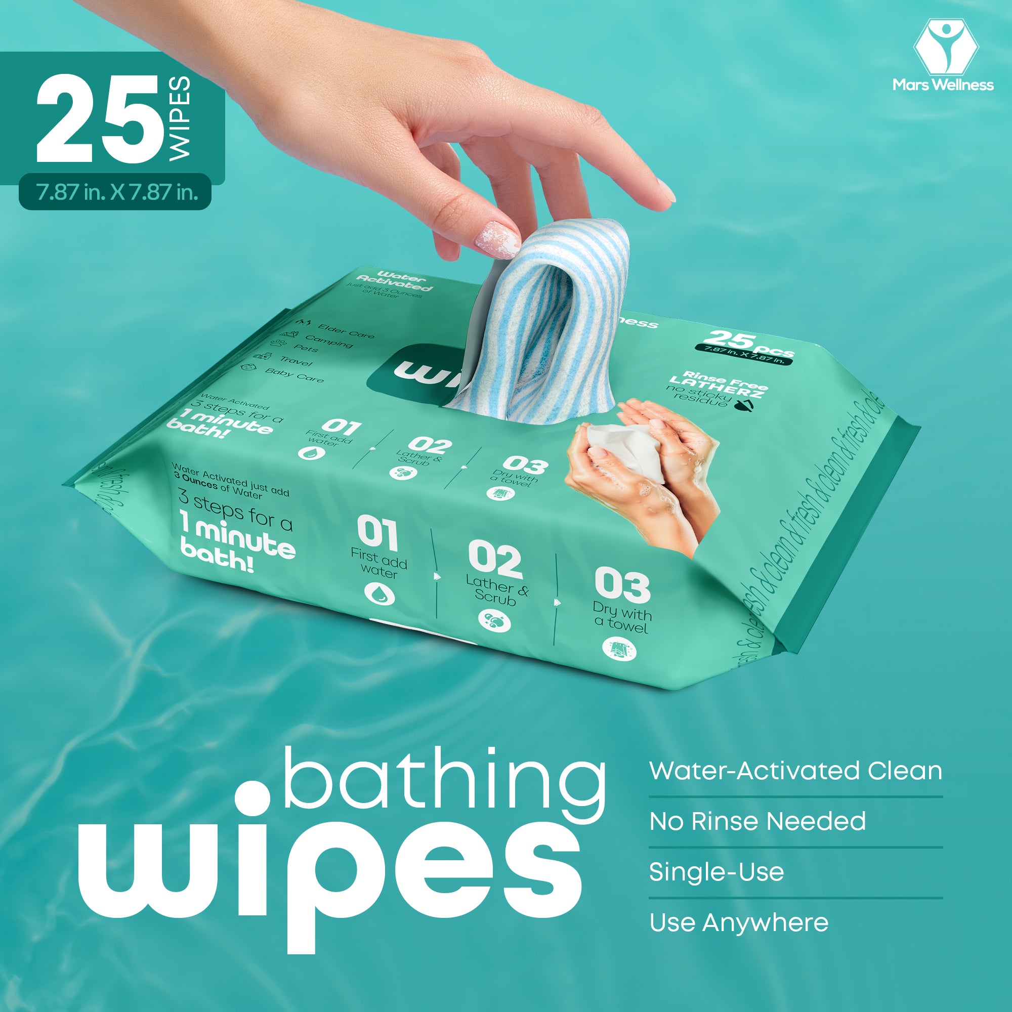 No Rinse Washing/Bathing Wipes - Just Add Water - Shower Cleansing Sponge/Wipes - Original Latherz - Soap Infused Dry Shower - Pack of 25 Cloths