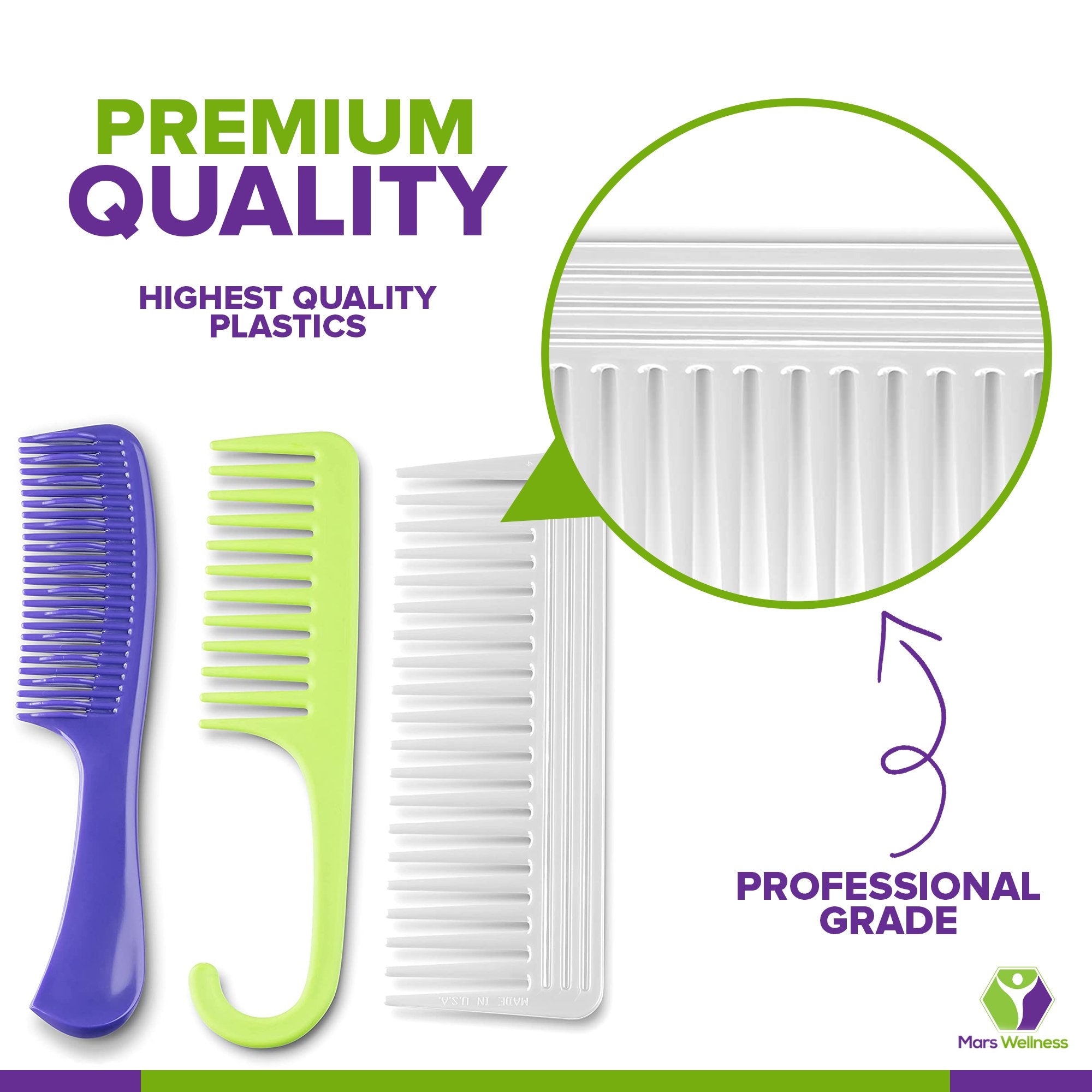 Mars Wellness 3 Piece Professional Detangling Shower Comb Set - USA MADE - Detangler, Hook Comb, Wide Tooth Comb - Premium Grade for Men and Women - Parting Teasing and styling