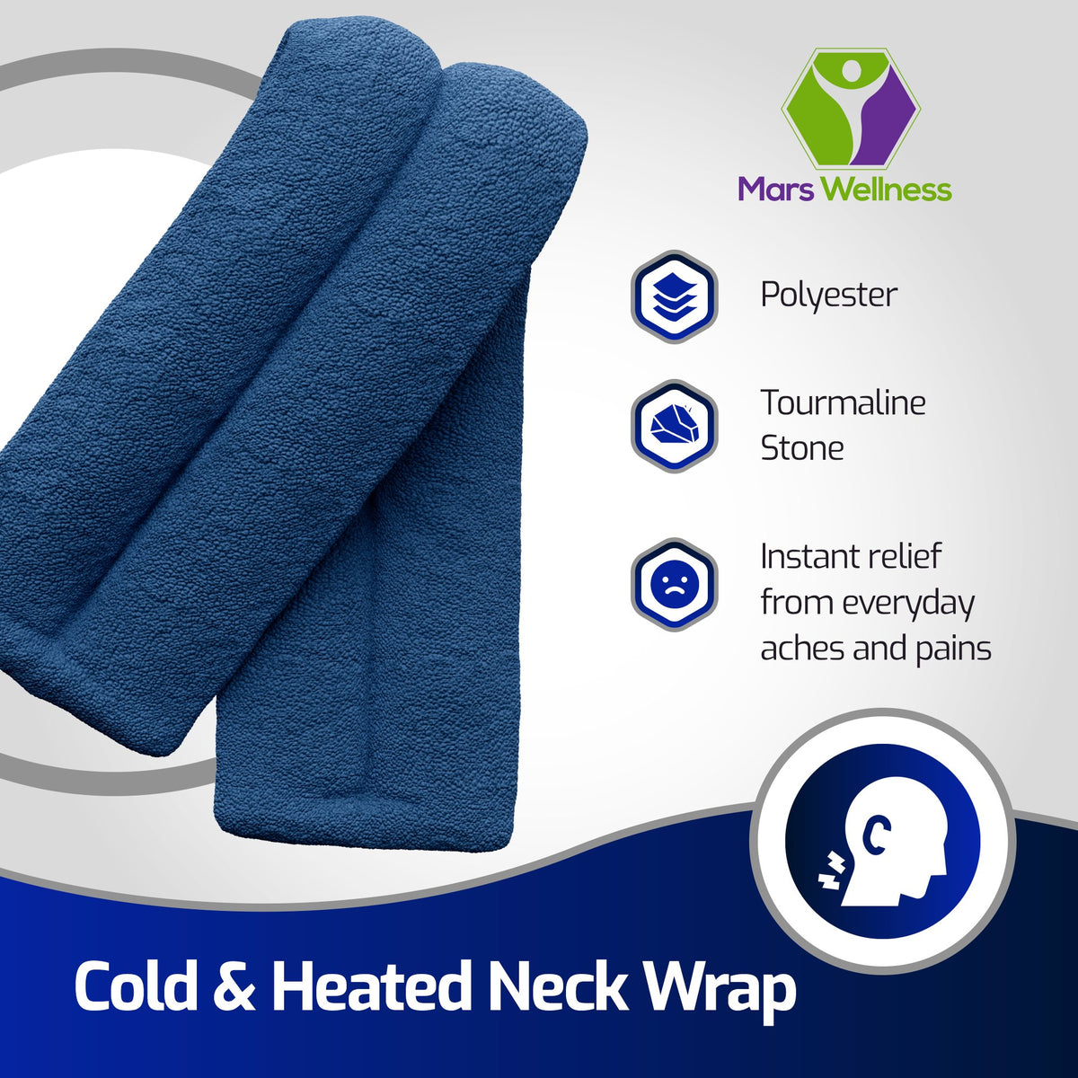 Hot or Cold Therapy Neck Wrap (17.7” x 5.5”) - Tourmaline Filling Neck Heating Pad - Blue Polyester Microwave Heating Pad for Neck and Shoulders - Spot Wash Heat and Cold Pad