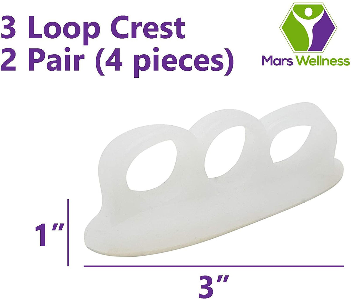 Mars Wellness Gel Toe Separators 2 Pair - 3 Loop Crest Toe Straightener - Gel Spacer for Hammertoe, Overlapping, Mallet Toe, Claw Toe