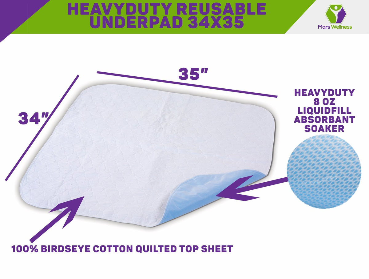 Premium Incontinence Washable Bed Pad - Heavy Duty Reusable Cotton Quilted Underpad - 3 Pack