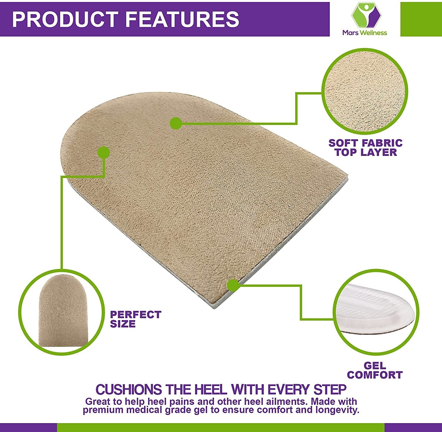 Mars Wellness Gel Heel Lift Cushion Pad – ¼” Heel Lift with Fabric Cover – Shock Absorbing – Leg Length Discrepancies - Achilles, Feet Arch, Heel Pain, Bone Spur
