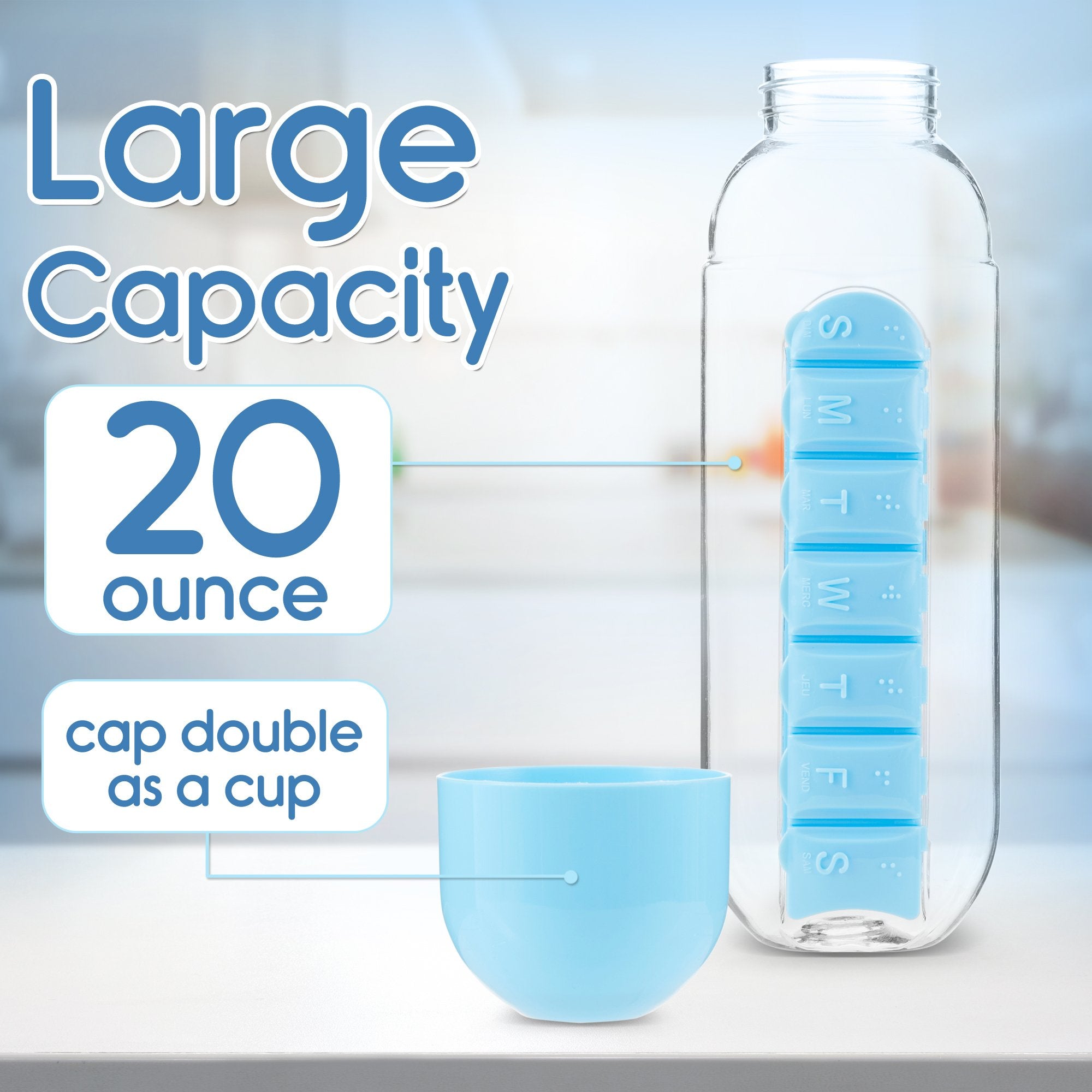 20 oz Water Bottle with Built-In Pill Box, Daily Pill Organizer - 7 Day Pill Holder, Easy-to-Clean Travel Pill Container, Slide-Out Design, Efficient Pill Organizer for Everyday Use