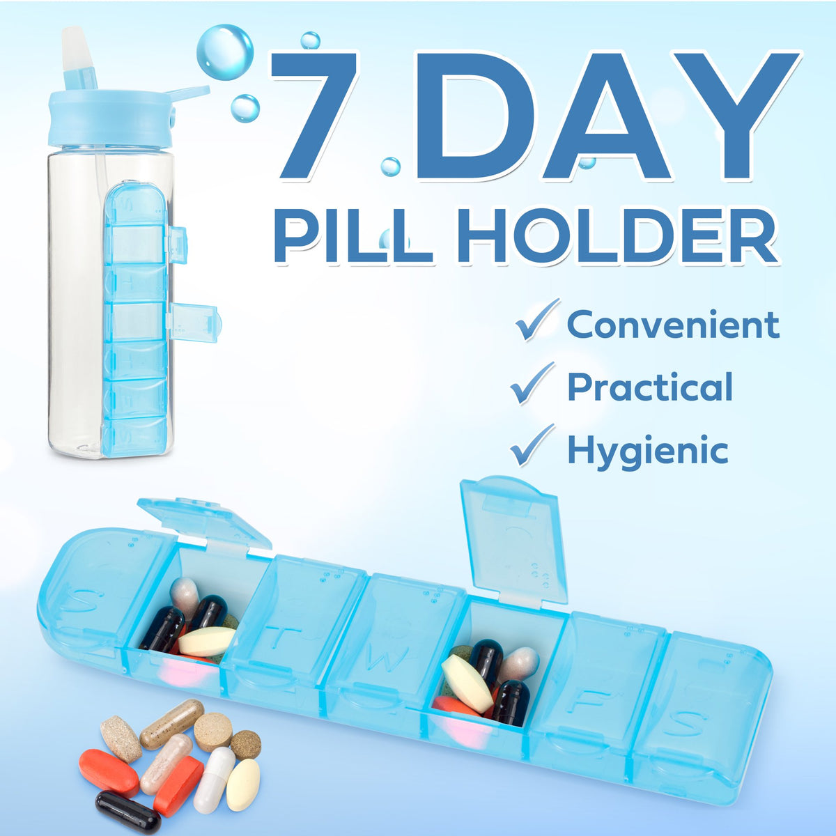 24 Ounce Water Bottle with Slideout Pill Box, Daily Pill Organizer - 7 Day Medicine Holder, Easy Slide Out Pill Container, Popup Straw for Hydration