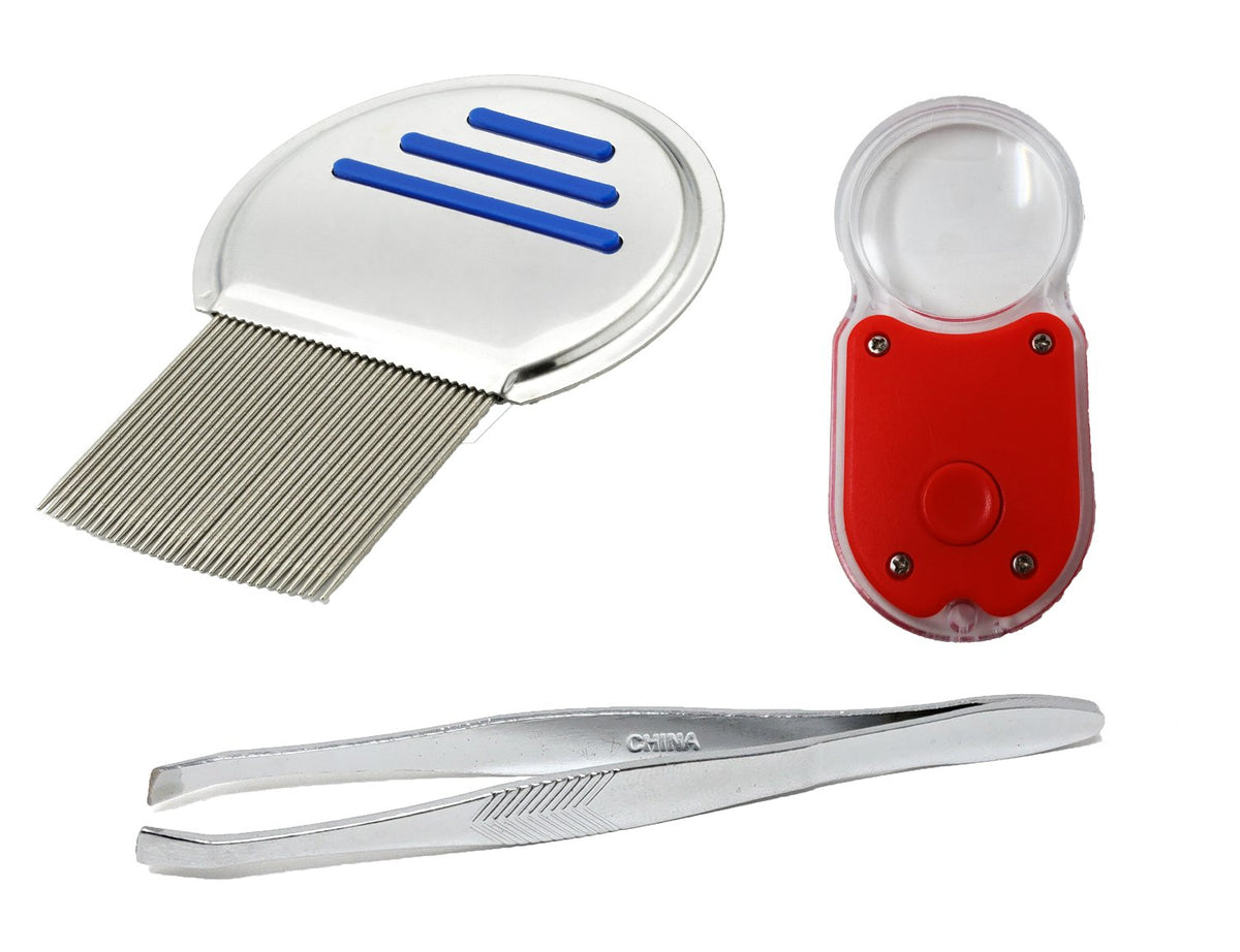 Premium Lice Removal Comb, Tweezer, and Light-up Magnifier Treatment Set - 3 Piece Lice/Nit Kit