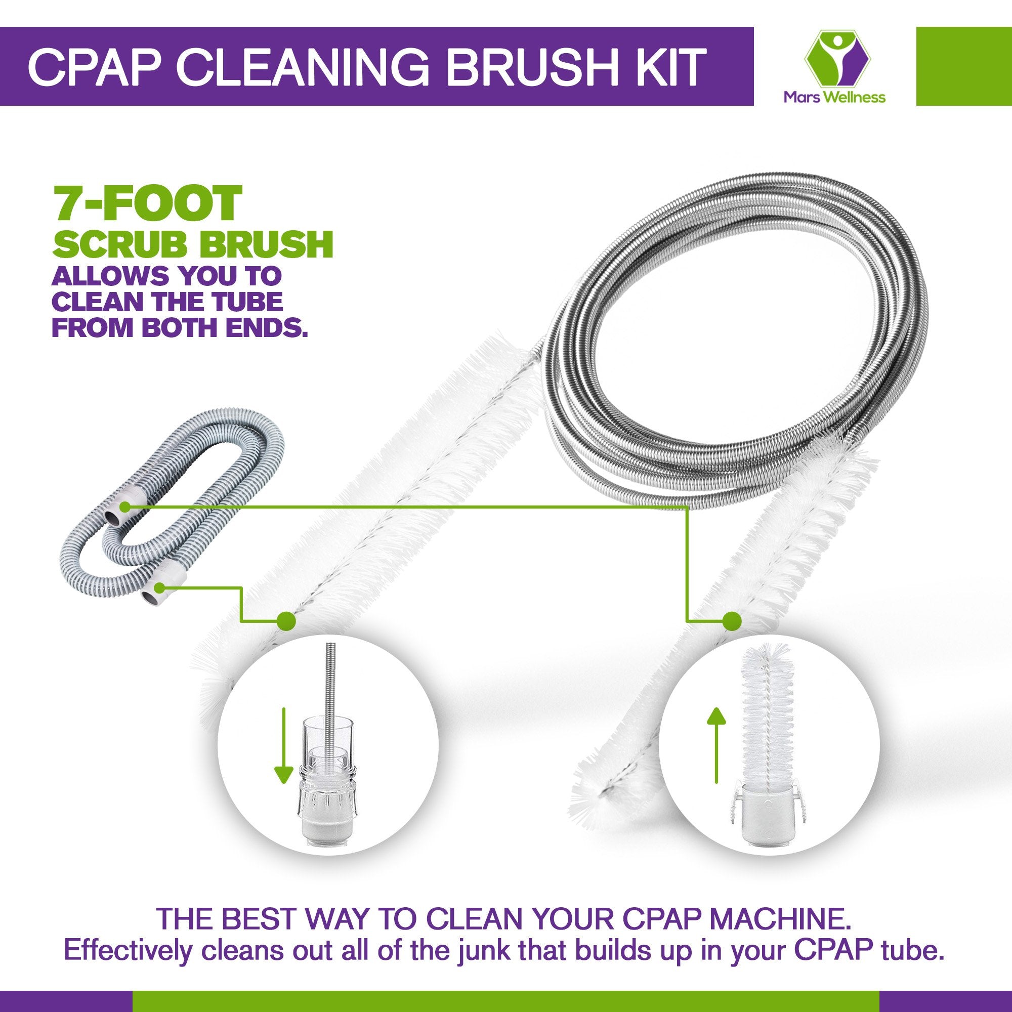 Mars Wellness CPAP Cleaning Brush Kit for Tubes & Masks - 2 Flexible CPAP Cleaner Brushes 7 Inches & 7 Feet - Made to Fit Standard 22mm Diameter Tubing