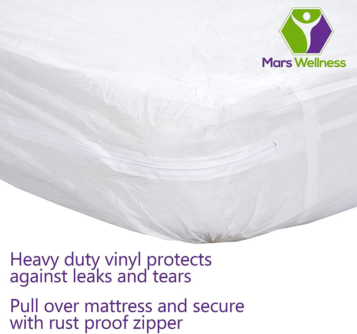 Mars Wellness Waterproof Vinyl Mattress Protector and Cover - Zippered White Mattress Cover Sheet Bed Bugs Mattress Cover