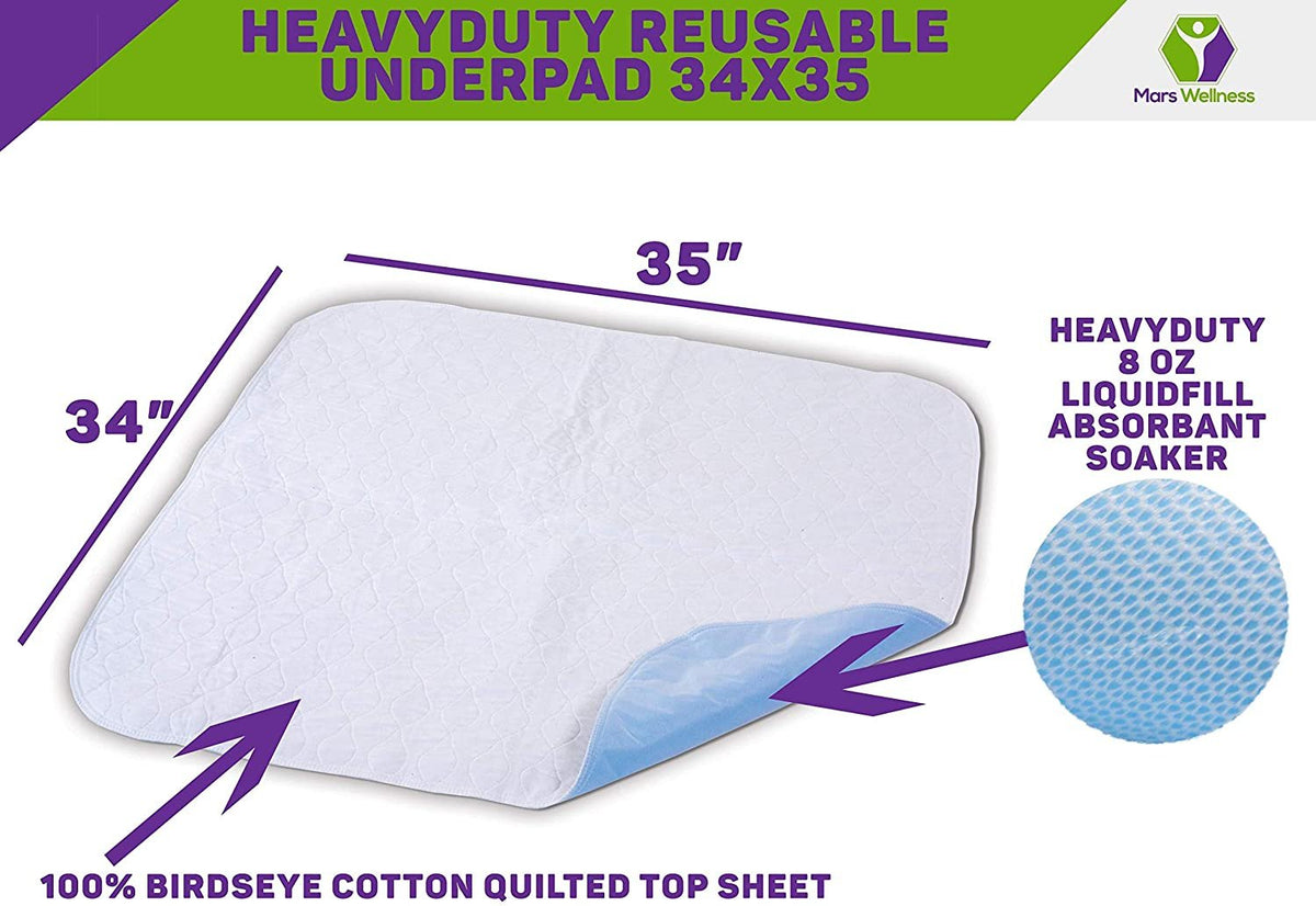 Premium Incontinence Washable Bed Pad - Heavy Duty Reusable Cotton Quilted Underpad - 3 Pack