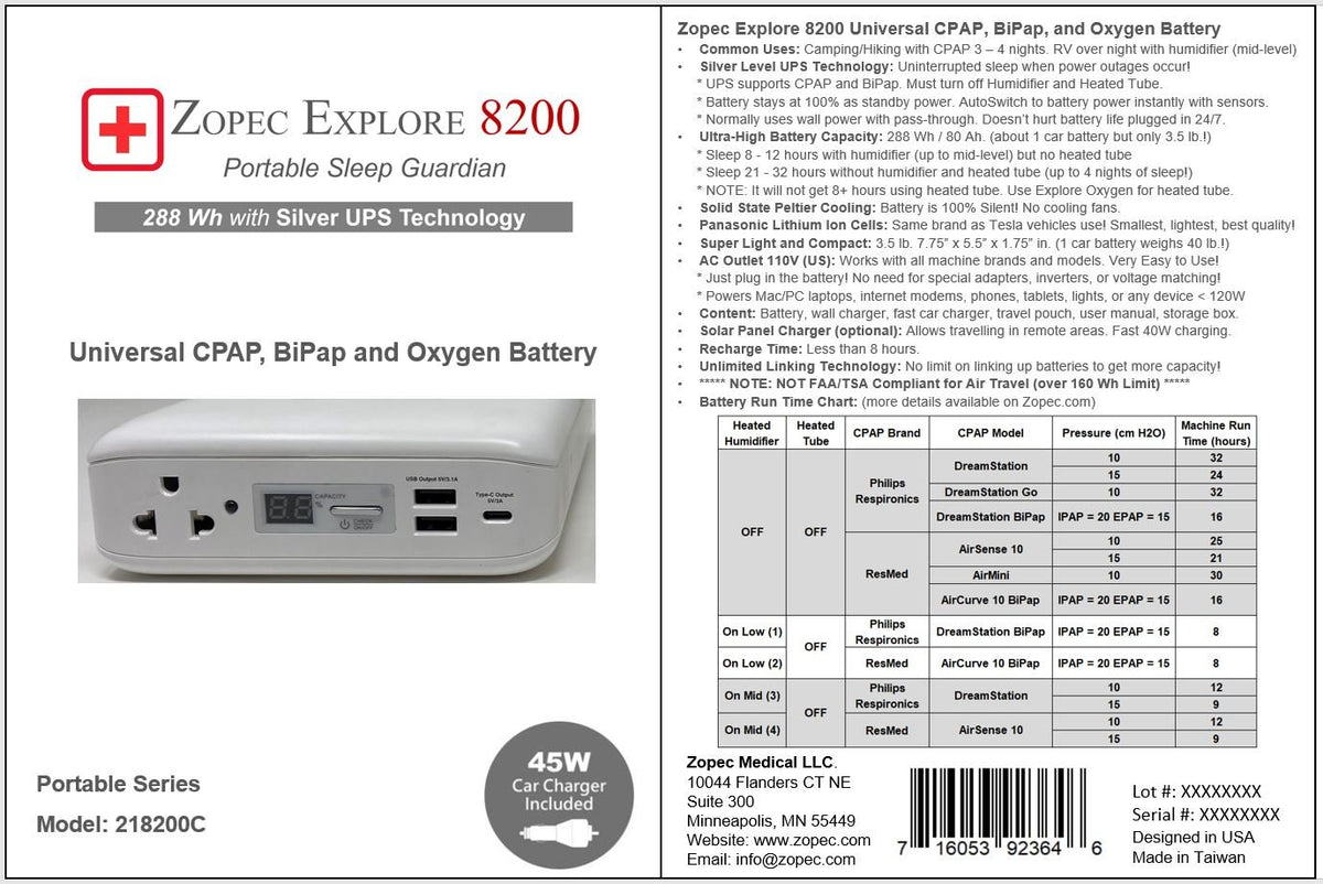 Zopec EXPLORE 8200 Travel CPAP Battery (up to 4 nights)