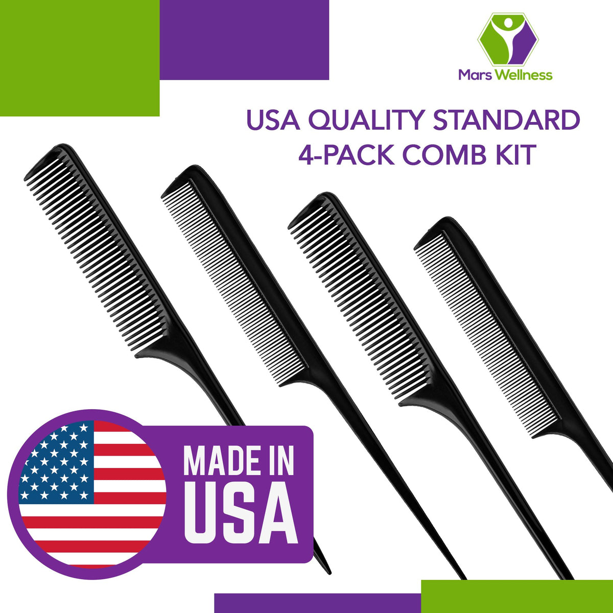 Mars Wellness 8.5” Rattail Comb Set (Pack Of 4) – Pack of Combs w/ 2 Wide & 2 Fine Tooth Combs for Women & Men – Detangling, Styling & Parting Comb Set - Hair Comb for Salon, Barbershops, Home- USA Made