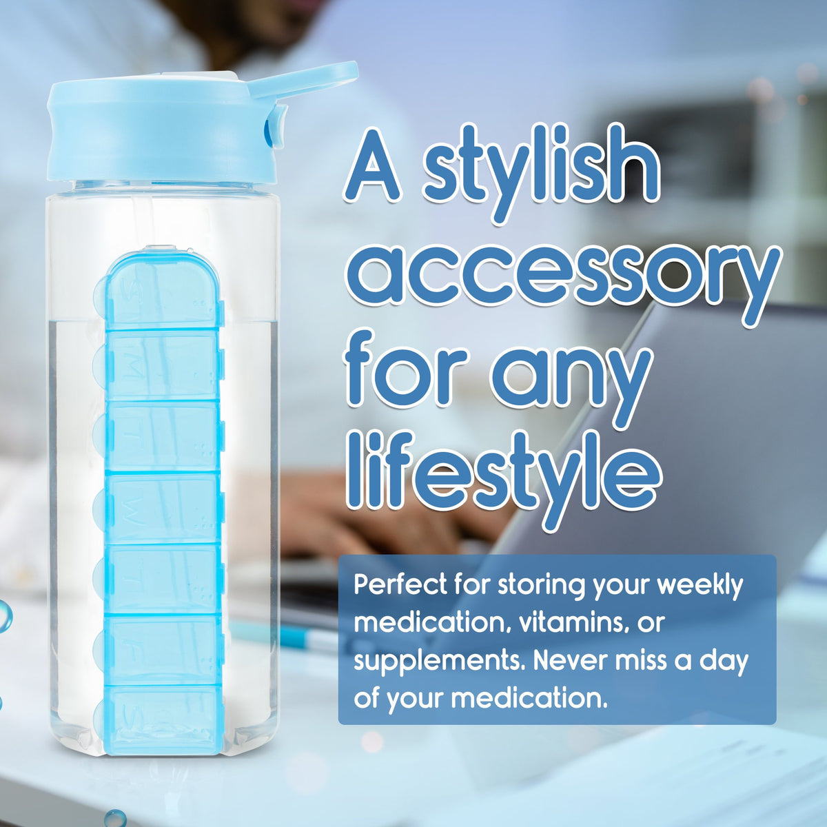 24 Ounce Water Bottle with Slideout Pill Box, Daily Pill Organizer - 7 Day Medicine Holder, Easy Slide Out Pill Container, Popup Straw for Hydration