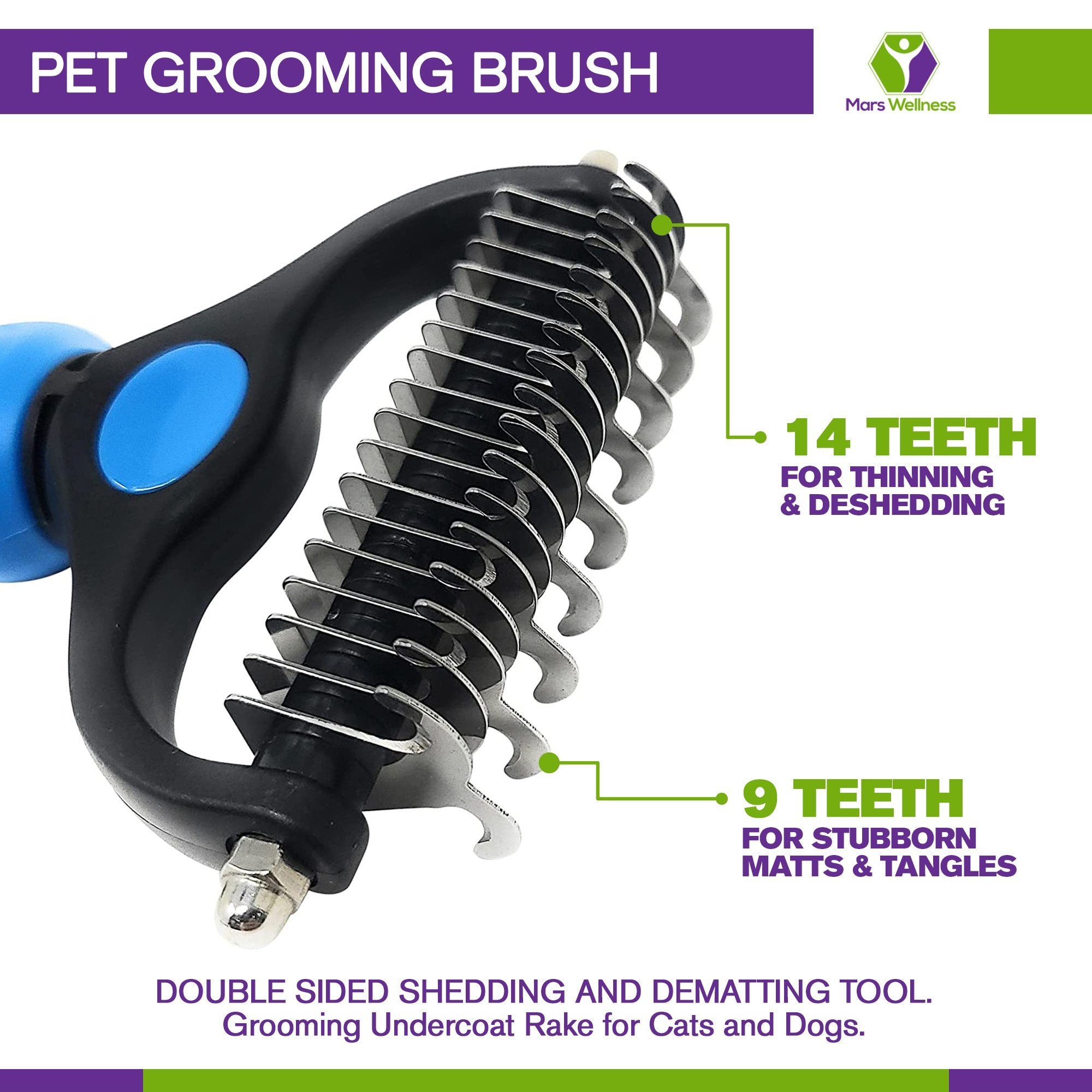 MARS WELLNESS Pet Grooming Brush - Double Sided Shedding and Dematting Tool  for Cats and Dogs - Large