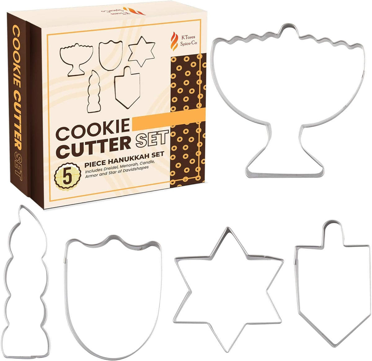 K'Tores Spice Co - Hebrew Jewish Cookie Cutters, Convenient Box - Food Safe Stainless Steel - Purim, Hanukkah and more