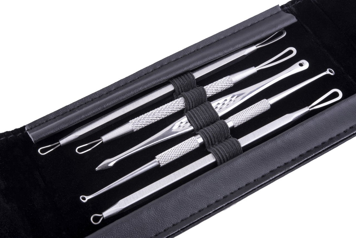 5 Pc Premium Professional Comedone Blackhead/Pimple Extractor and Blemish Remover Tool - Mirror Included