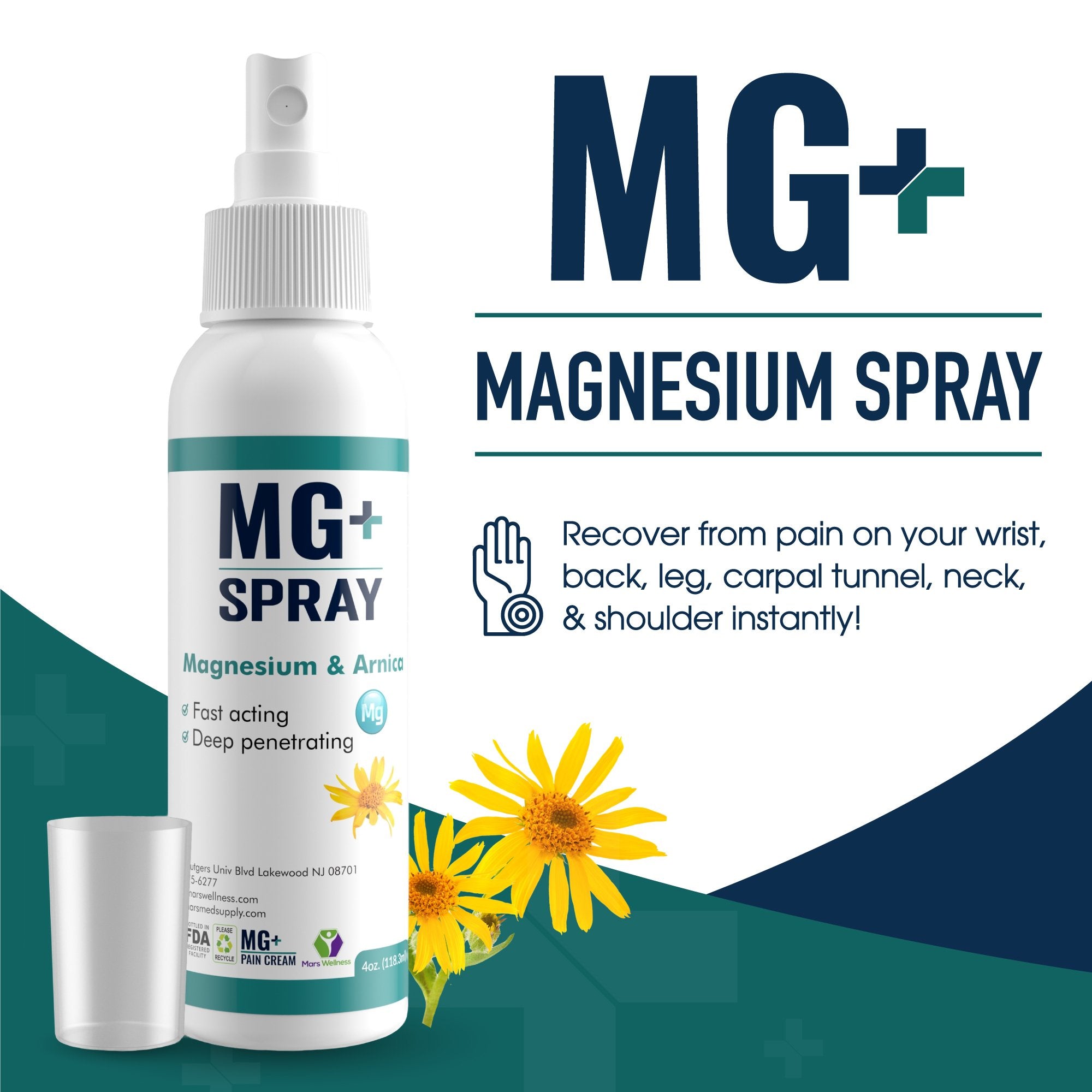 Mars Wellness MG+ Magnesium Spray (4 oz) - Magnesium & Arnica Spray - Extra Strength Magnesium Body Spray - Spray Magnesium Oil for Body Aches, Headaches, Muscle Spasms, & Leg Cramps