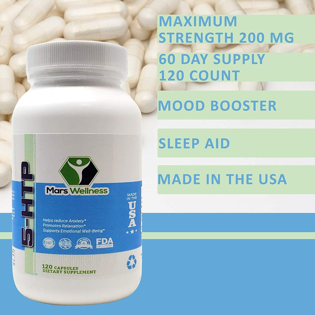 5-HTP 200 mg Supplement - 120 Capsules Per Bottle - Mood Booster - Sleep Aid - Hydroxytryptophan - Serotonin Boost