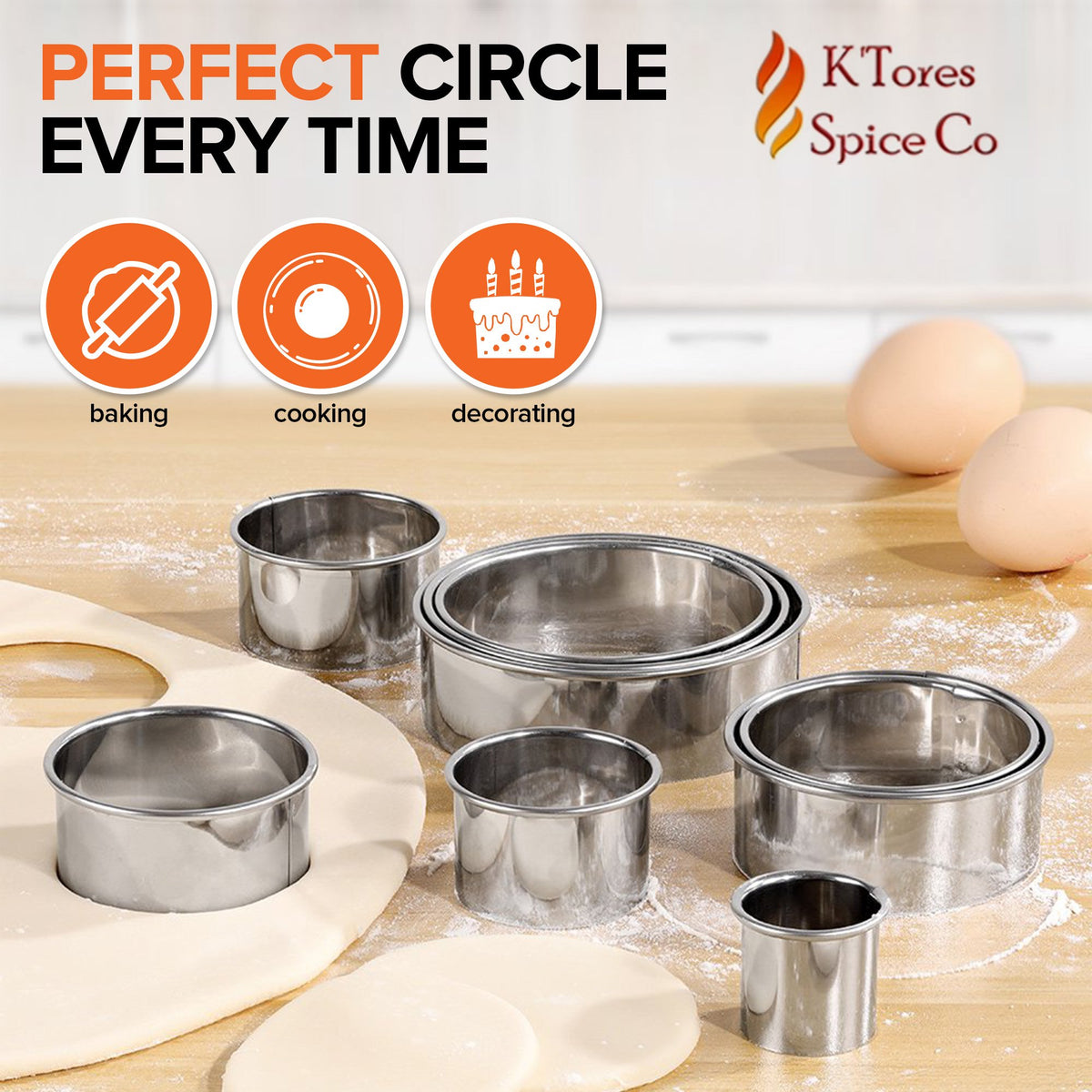 K-Tores Stainless Steel, Round - Cookie Cutters Baking Pastry Cutter Set - Strong Circle Biscuit, Cookie Cutter Set - 11 Cookie Cutter Sizes & Shapes -