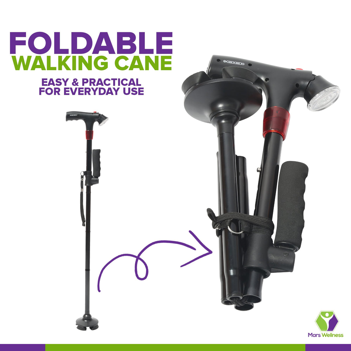 Premium Travel Lightweight Folding Walking Cane with LED Flashlight W/Non Slip Flexible Cane Tip & Extra Handle