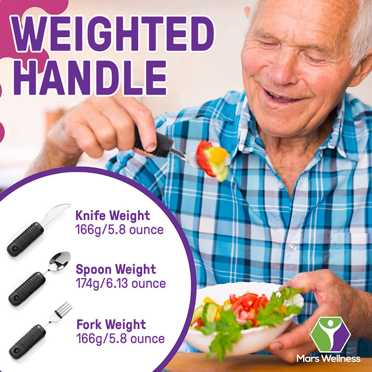 Mars Wellness Weighted Utensils Set - 3-Piece Heavy Duty, Stainless Steel Fork, Knife, and Spoon Adaptive Utensils Enhanced Stability While Eating for Elderly, Hand Tremors and Parkinson's Patients