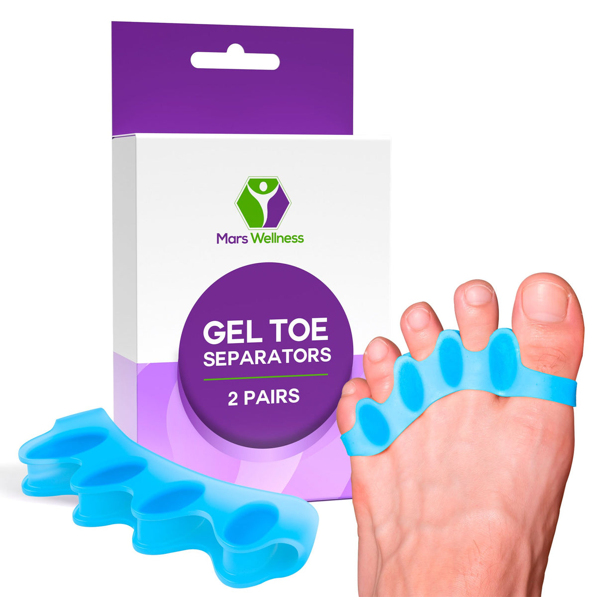 Mars Wellness Gel Toe Separators - Universal Toe Spreaders Straighteners to Relieve Foot Pain, Fix Overlapping Toes & Correct Bunions - Toe Spacers are Comfortable to Wear with Shoes - 2 Pairs