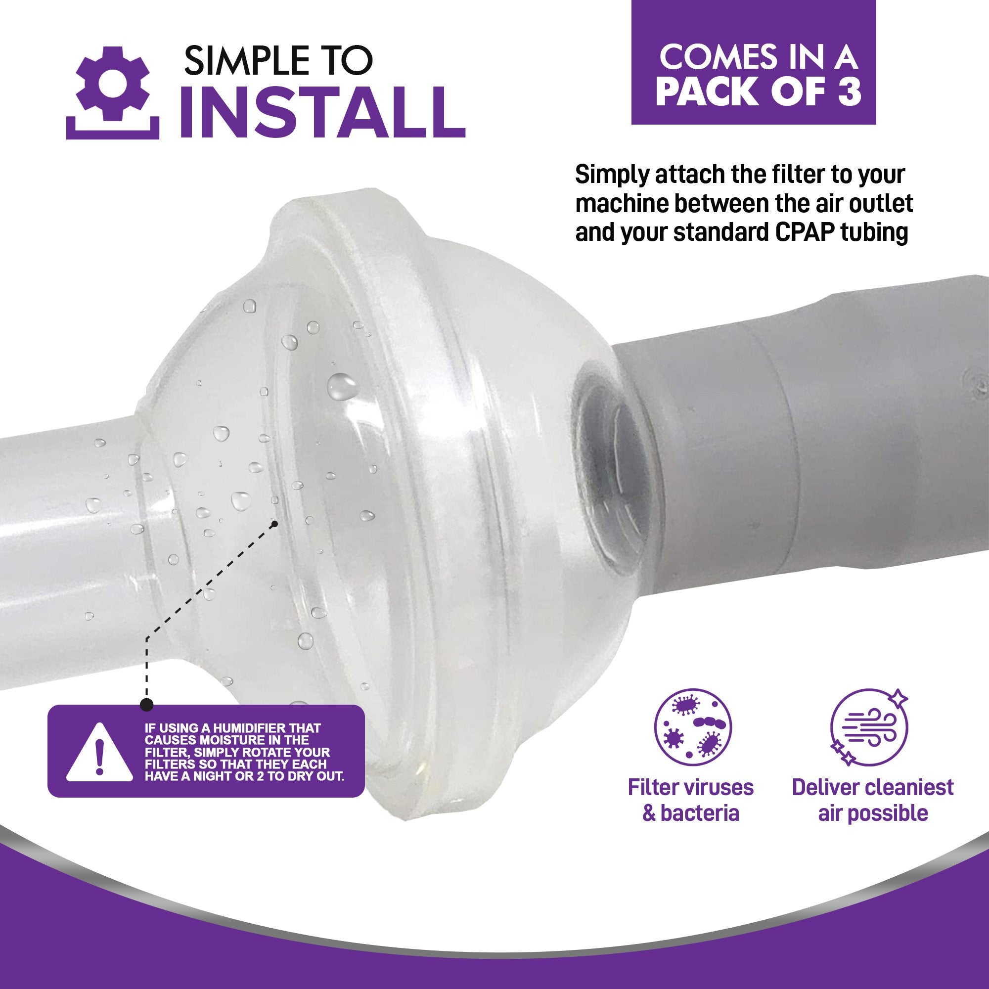 Truly Universal Fit in-Line Filter Kit for CPAP and BiPAP Machines Multiple Size Connectors - 15mm to 15mm, 15mm to 22mm, 22mm to 22mm - 6 Pack