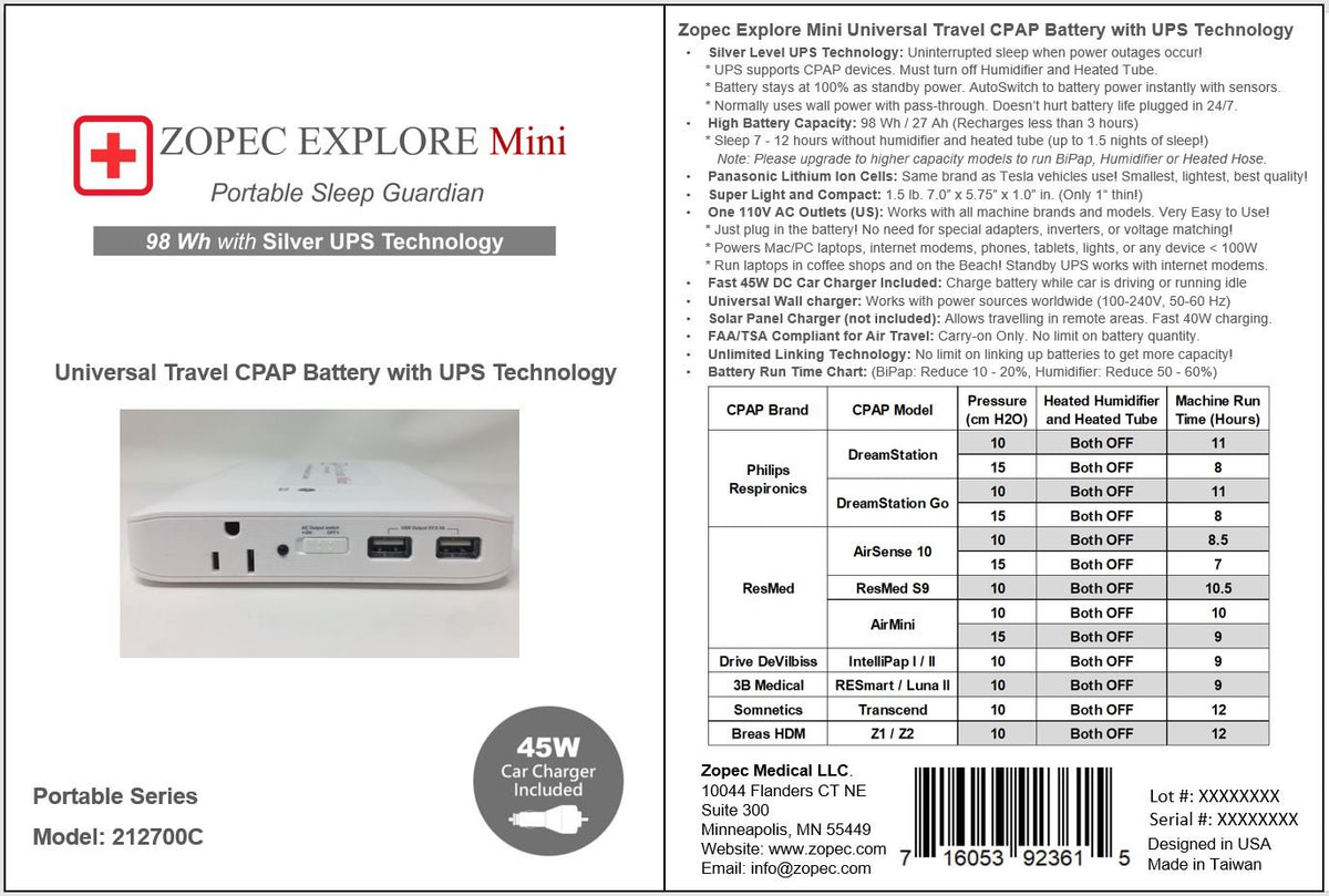 Zopec EXPLORE Mini Travel CPAP Battery (up to 1.5 nights)