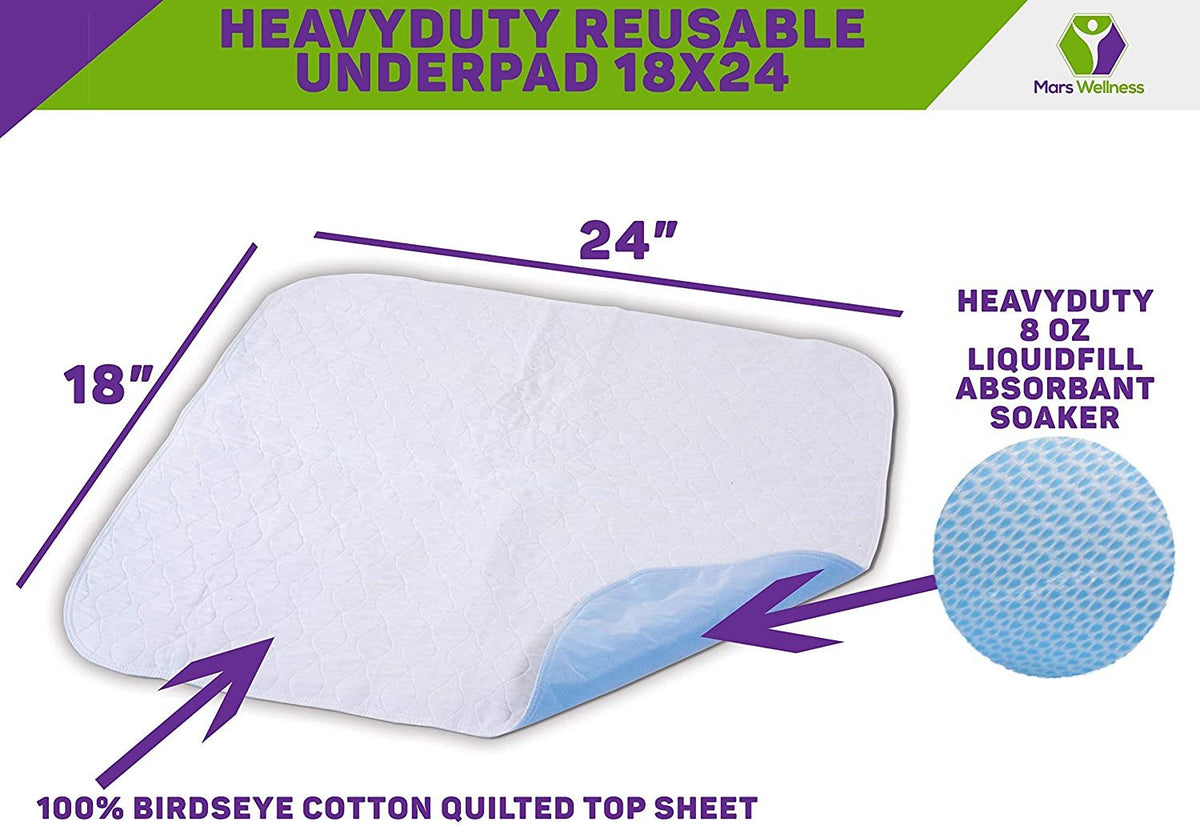 Premium Incontinence Washable Bed Pad - Heavy Duty Reusable Cotton Quilted Underpad - 3 Pack