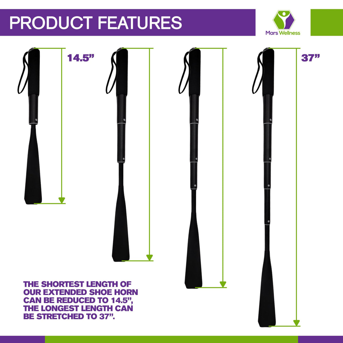 Telescoping Extra Long 14.5"-37" Shoe Horn - Collapsible Aluminum Long Handle  - Extends From 14.5 Inches Up To 37 Inches - Retractable Travel Sturdy