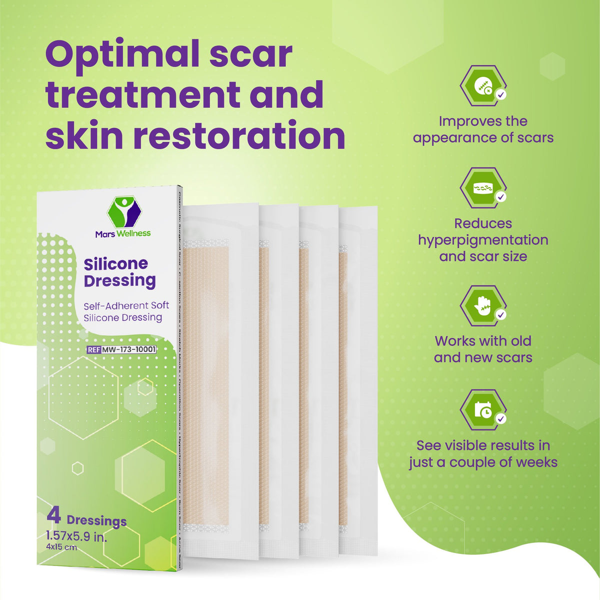 Mars Wellness Skincare Scar Sheet - Self Adherent Silicone Dressing for Burns, Surgery, and Wounds - Strip - 1 Pack