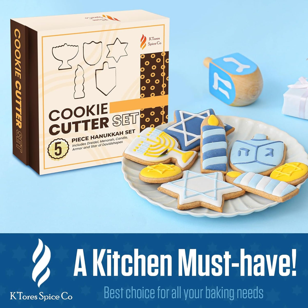 K'Tores Spice Co - Hebrew Jewish Cookie Cutters, Convenient Box - Food Safe Stainless Steel - Purim, Hanukkah and more