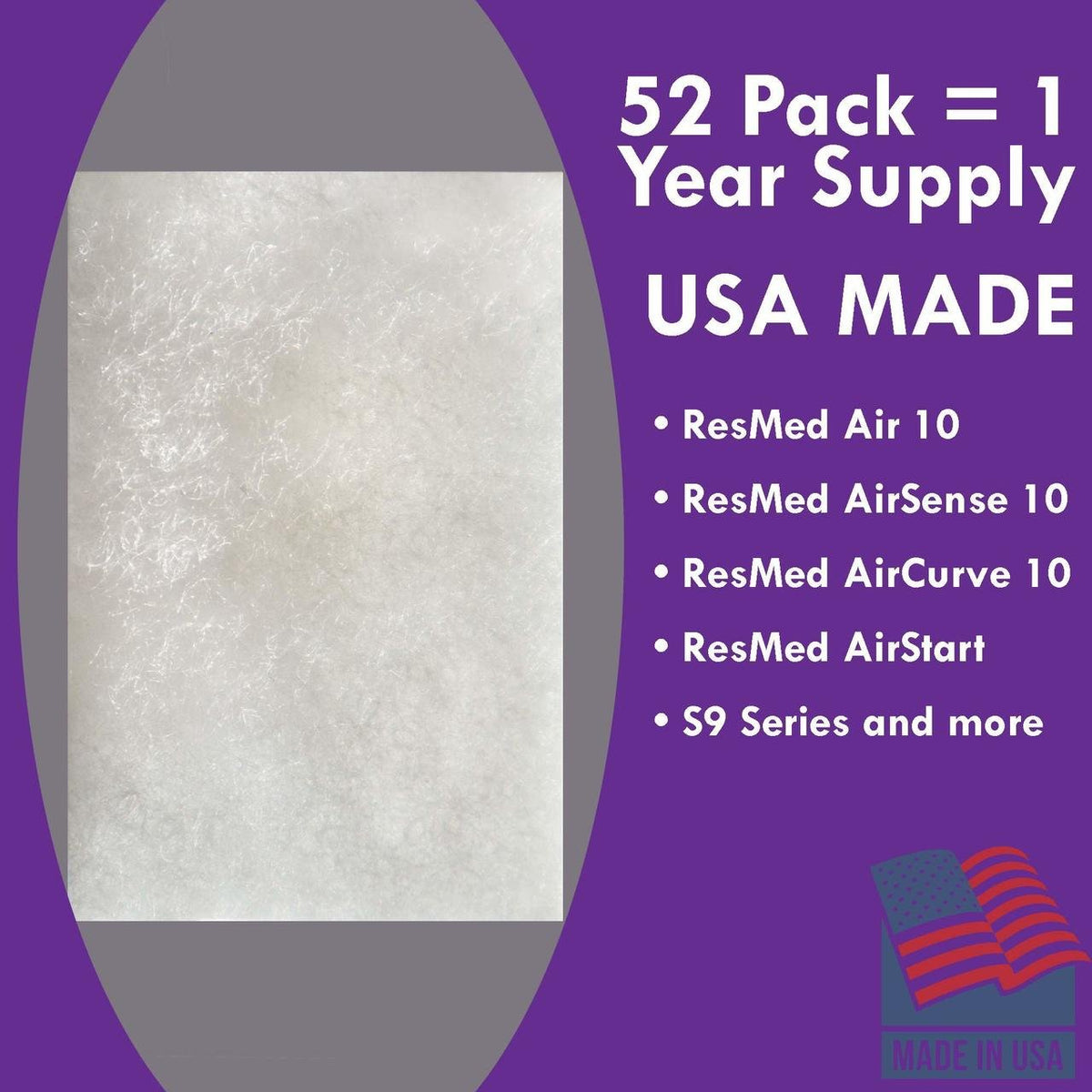 CPAP Filters Disposable Felt Pollen air Filter - 52 Pack 1 Year Supply - Made in The USA Standard Universal CPAP Filter Supplies - ResMed Airsense 10, Aircurve 10, S9 Series Machines by Mars Wellness - Mars Med Supply
