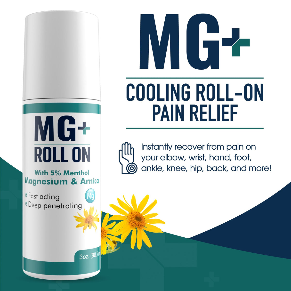 Mars Wellness MG+ Cooling Roll on Pain Relief (3 oz) – Fast Acting Arnica Roll on 5% Menthol Magnesium & Arnica – Penetrating Menthol Pain Relief Roll On Topical Pain Relief, Aches, Sore Muscle Pain