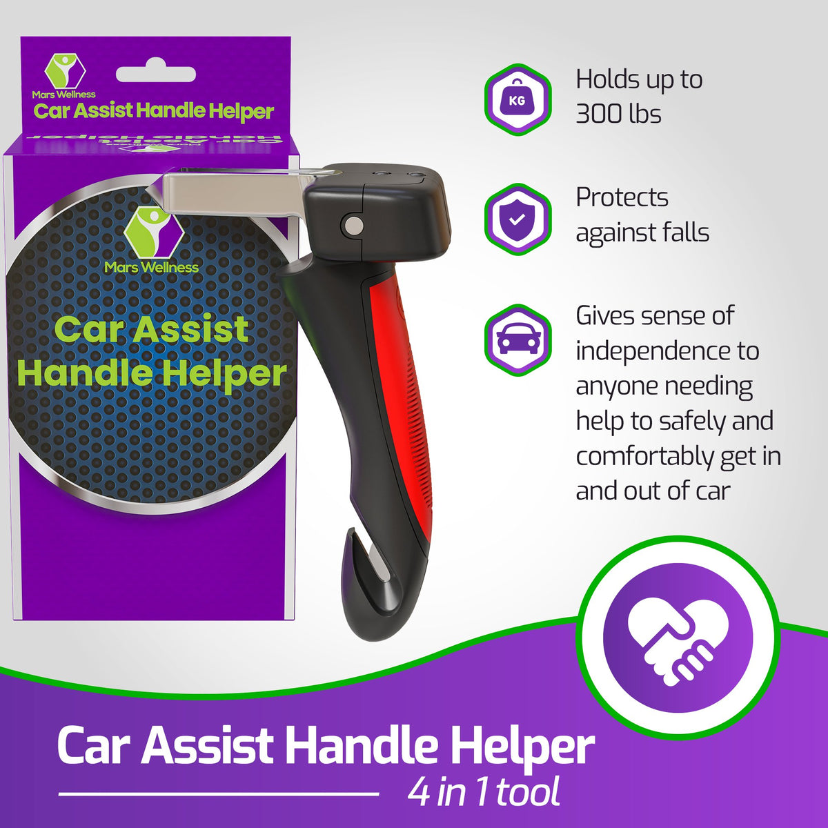 Mars Wellness Car Handle Assist for Elderly - All in One Tool w/Built-in Flashlight - Cane for car, Seatbelt Cutter, Window Breaker, & Car Assist Handle Help Get Out of Car- Portable Vehicle Support