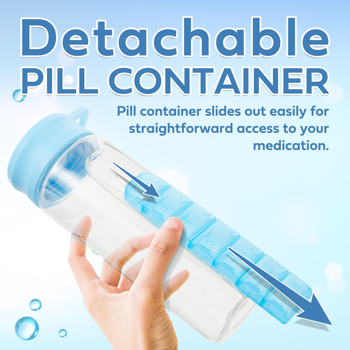 24 Ounce Water Bottle with Slideout Pill Box, Daily Pill Organizer - 7 Day Medicine Holder, Easy Slide Out Pill Container, Popup Straw for Hydration