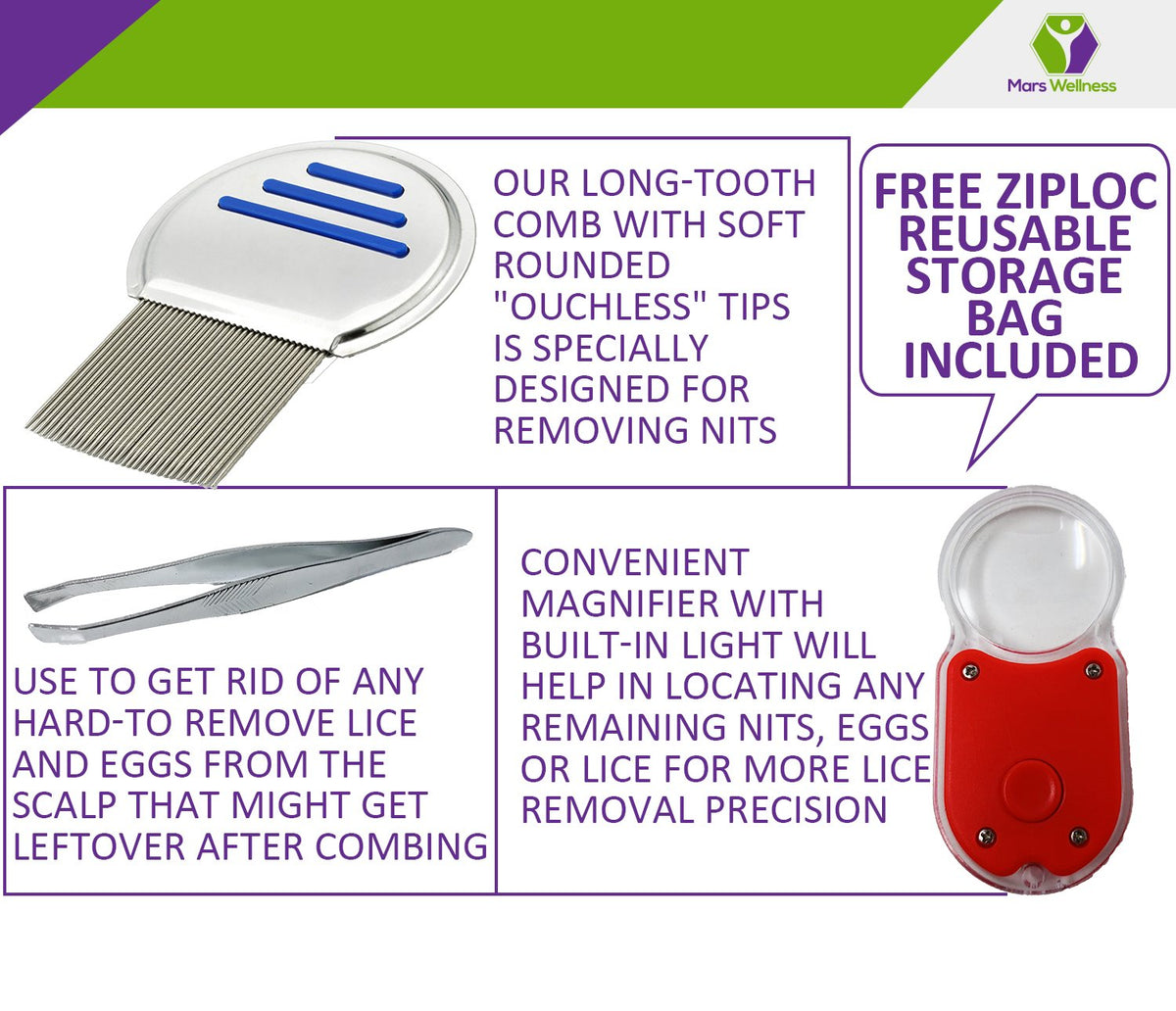 Premium Lice Removal Comb, Tweezer, and Light-up Magnifier Treatment Set - 3 Piece Lice/Nit Kit - Mars Med Supply