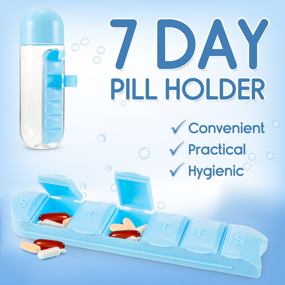 20 oz Water Bottle with Built-In Pill Box, Daily Pill Organizer - 7 Day Pill Holder, Easy-to-Clean Travel Pill Container, Slide-Out Design, Efficient Pill Organizer for Everyday Use