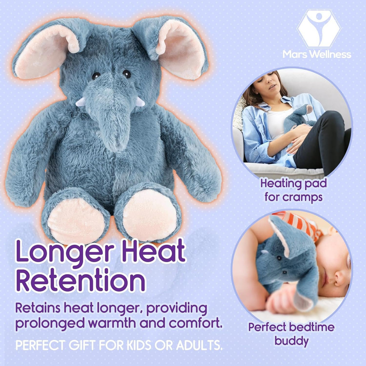 Lavender Scented Microwavable Plush Elephant - Heated Stuffed Animals - Hot or Cold Therapy, Bedtime Buddy, Travel Companion, Anxiety and Colic Relief - Elephant