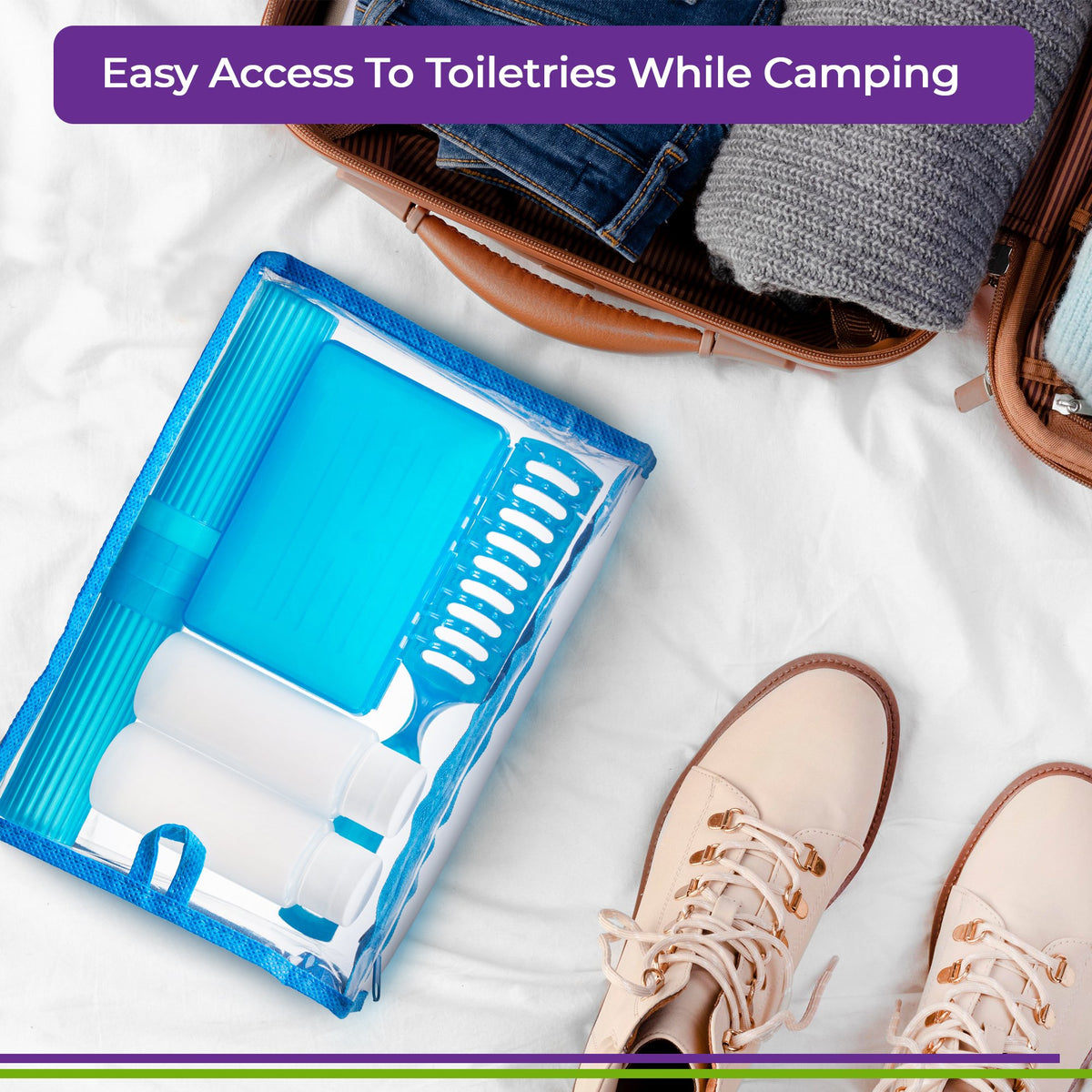 Mars Wellness Camp Kit - Travel Toiletry Kit w/ Plastic Carry Bag, Toothbrush Holder, Shampoo Bottle - Travel Accessories for Airplane, Camping, & More - Travel Kit for Women, Men & Kids