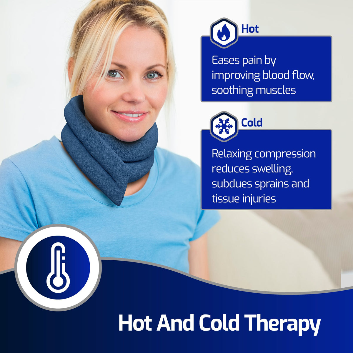 Hot or Cold Therapy Neck Wrap (17.7” x 5.5”) - Tourmaline Filling Neck Heating Pad - Blue Polyester Microwave Heating Pad for Neck and Shoulders - Spot Wash Heat and Cold Pad